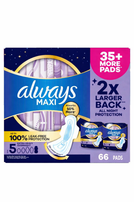 Always Maxi pads packaging with promotional text on a white background